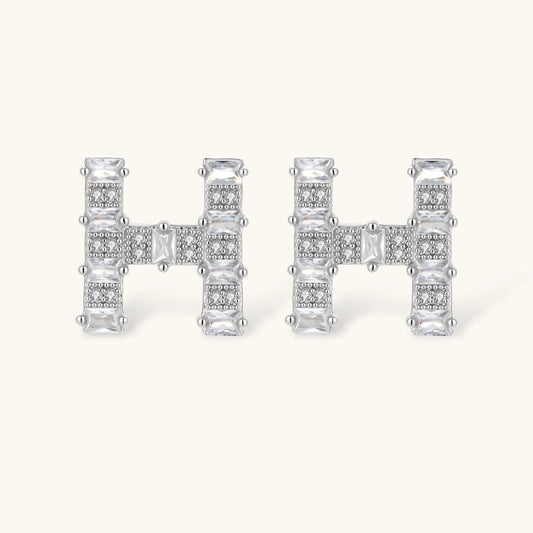 Letter H jewelry set featuring geometric crystal design in gold and white gold plated finish with adjustable chain necklace